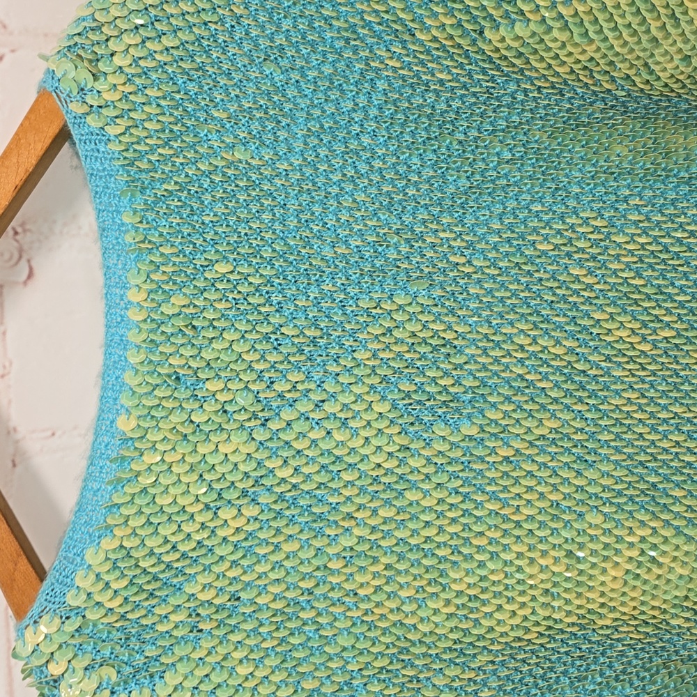Teal/Lime Green Razzle Dazzle Sequin Blouse Size M - Picture 2 of 14